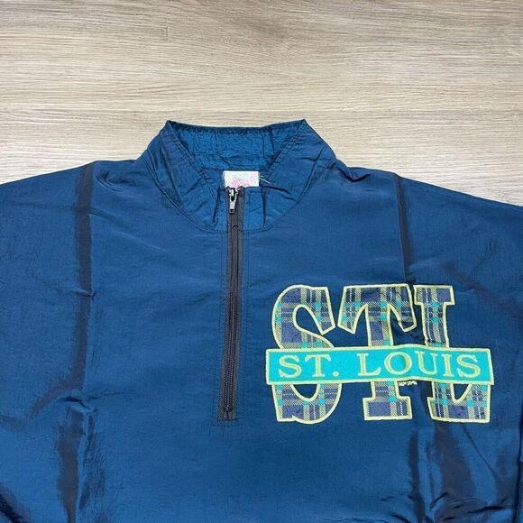 Vintage Surf Style Jacket Mens Extra Large Blue Windbreaker St Louis Half Zip - Picture 2 of 10